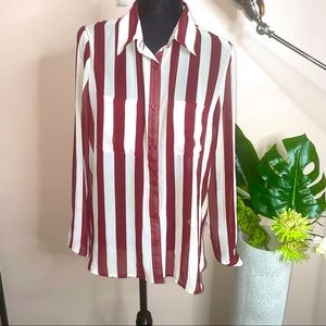 Women's Colorblock Striped Sheer Long Sleeves Buttondown Pocketed Blouse